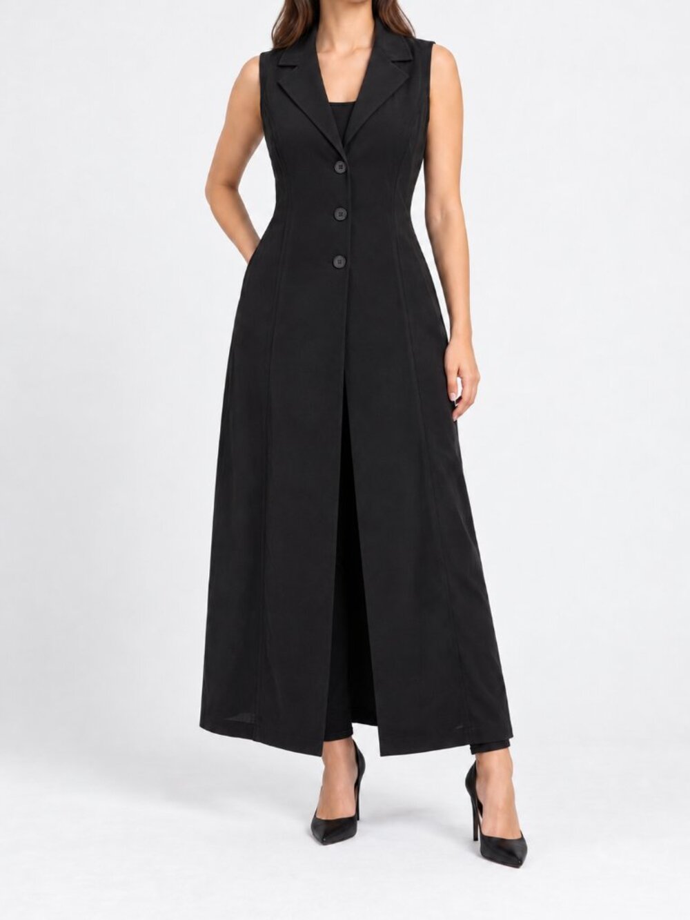 La Belle Women's Black Longline Sleeveless Blazer Vest Coat, 5